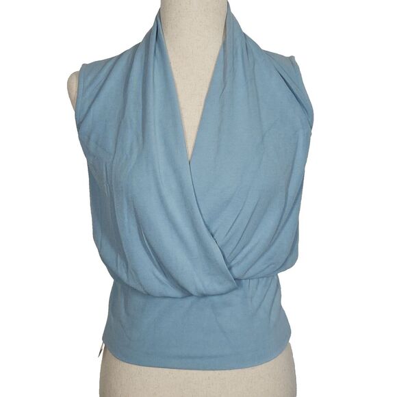 OGL Eco-Mousse Soft Stretchy Surplice Wrap Look Sleeveless Top Blue Size Medium - Picture 8 of 10